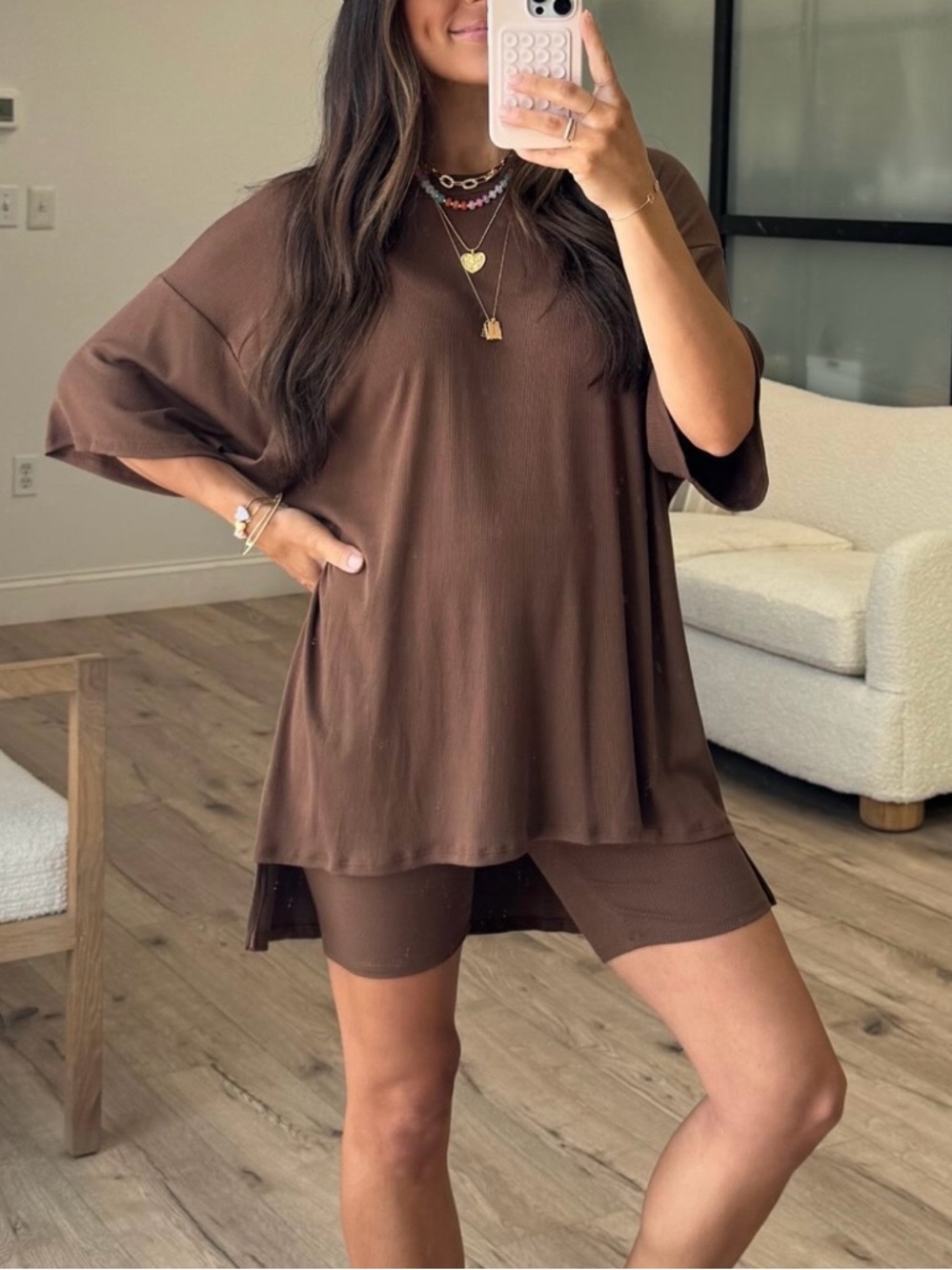 Talulah Novi Set -Brown Oversized Ribbed Tunic with Biker Shorts Set
